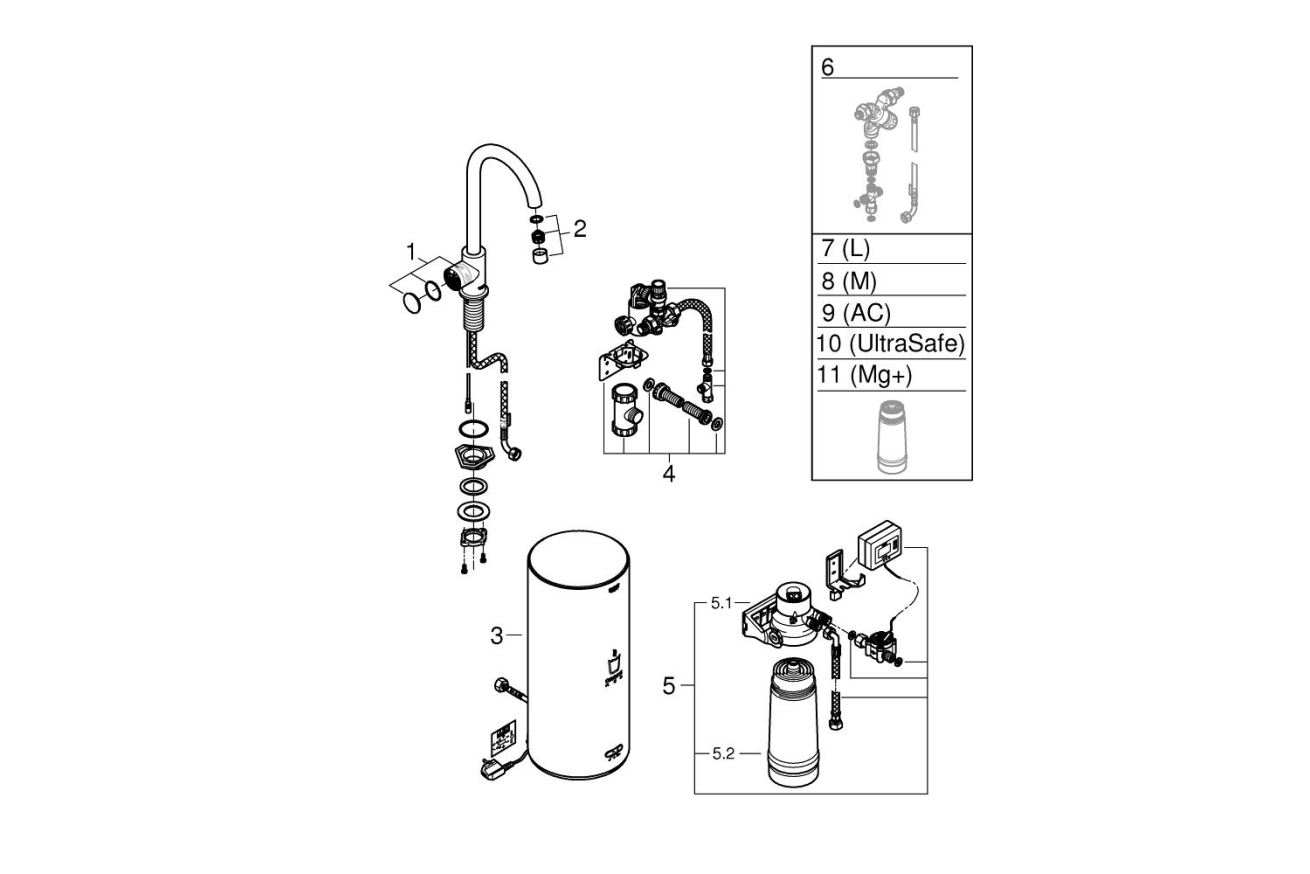 Комплект для кухни GROHE Red Mono с C-образным вентилем, бойлером L-Size и фильтром, хром (30080001)