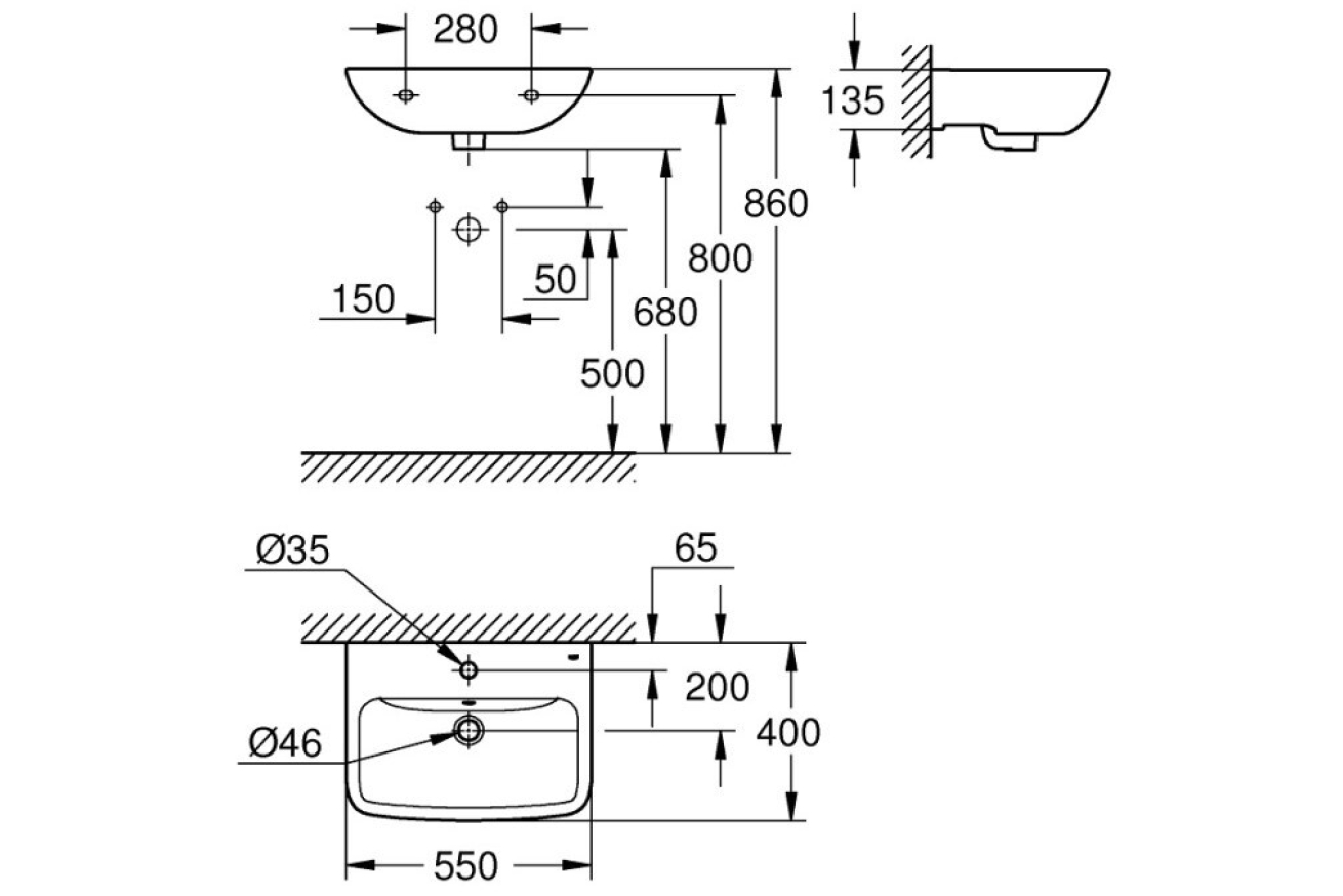 Раковина подвесная GROHE Bau Edge 55 см, альпин-белый (39807000)