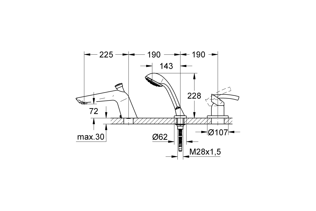 Смеситель для ванны GROHE Tenso однорычажный на 3 отверстия , хром (19153000)