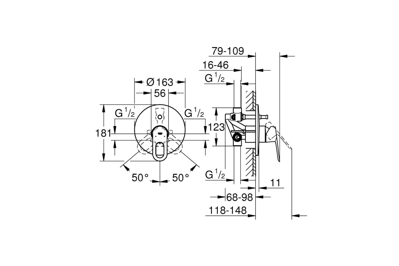 Смеситель для ванны GROHE BauLoop в комплекте с монтажной частью, хром (29081000)