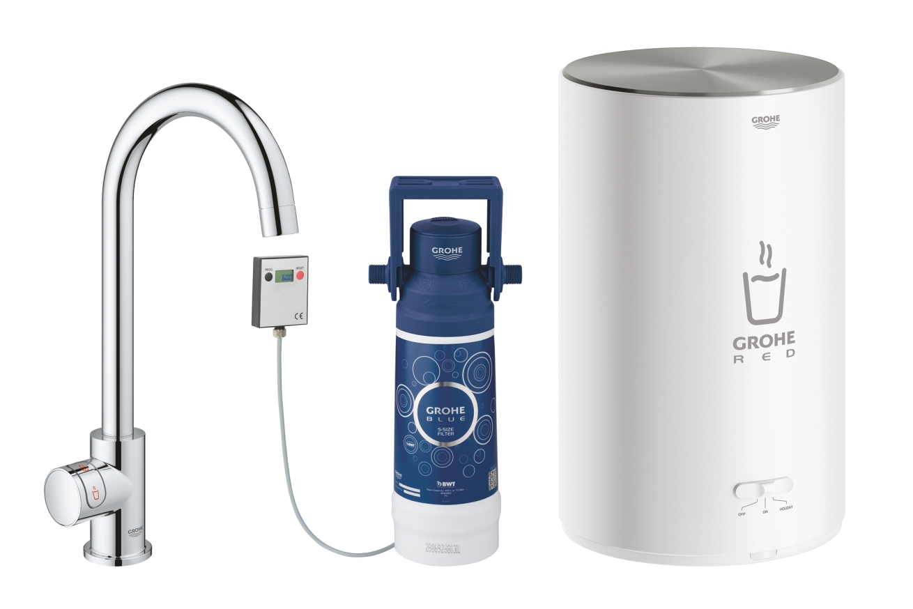 Комплект для кухни GROHE Red Mono с C-образным вентилем, бойлером M-Size и фильтром, хром (30085001)