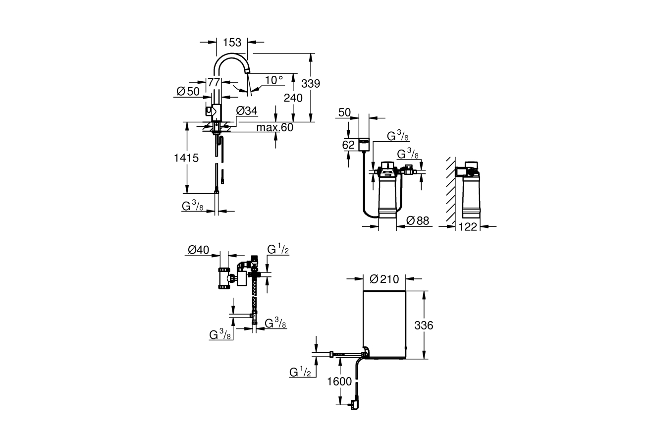 Комплект для кухни GROHE Red Mono с C-образным вентилем, бойлером M-Size и фильтром, хром (30085001)