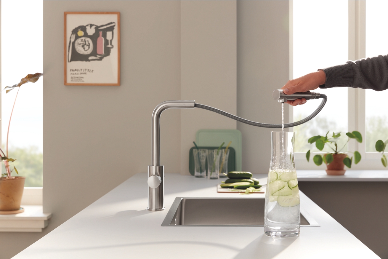 Смеситель для кухни GROHE Blue Pure Minta c вытяжным изливом и фильтрацией, суперсталь (30590DC0)
