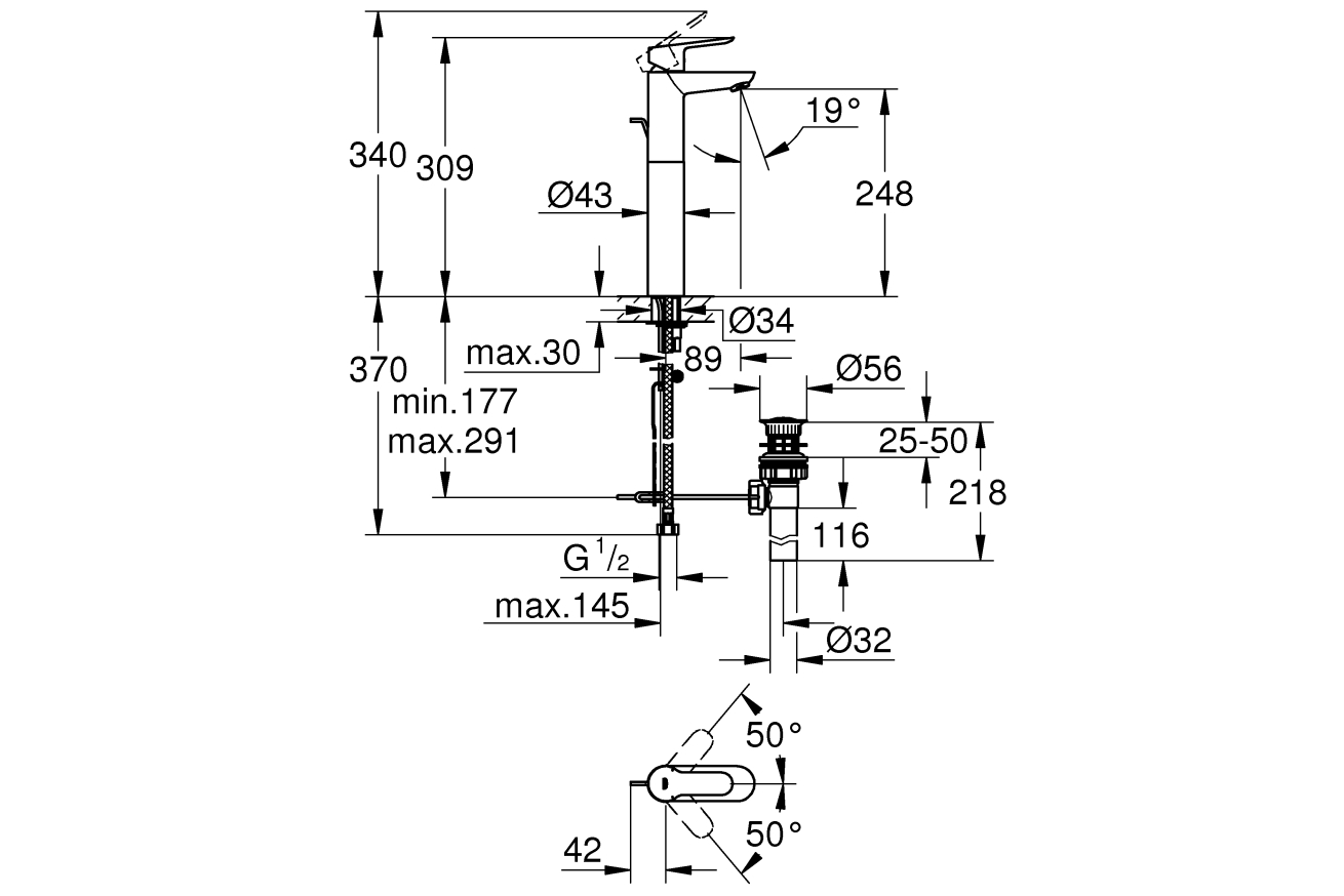 Смеситель для раковины GROHE BauEdge, XL-size, хром (32860000)