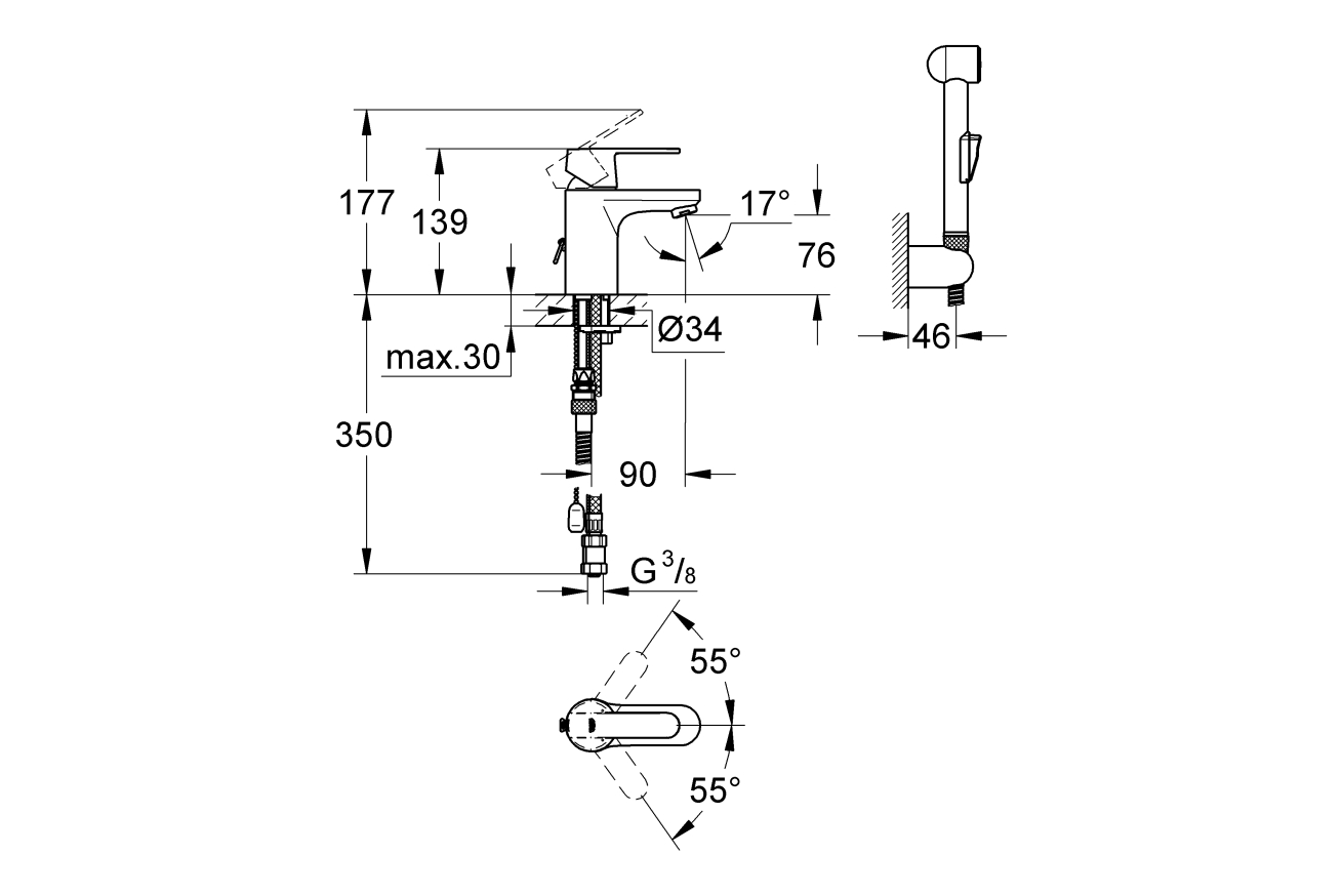 Смеситель для раковины GROHE Get с цепочкой и гигиеническим душем, хром (23238000)