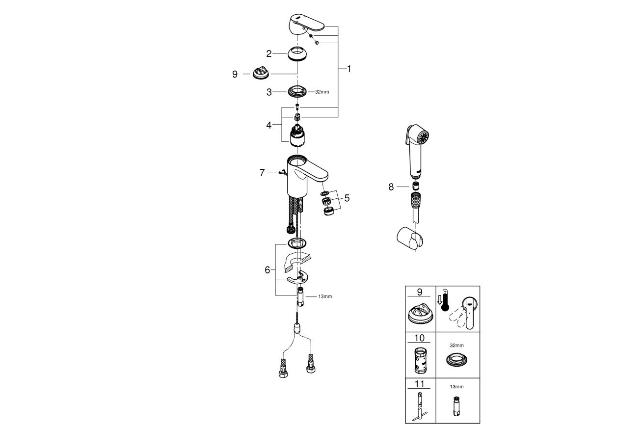 Смеситель для раковины GROHE Get с цепочкой и гигиеническим душем, хром (23238000)