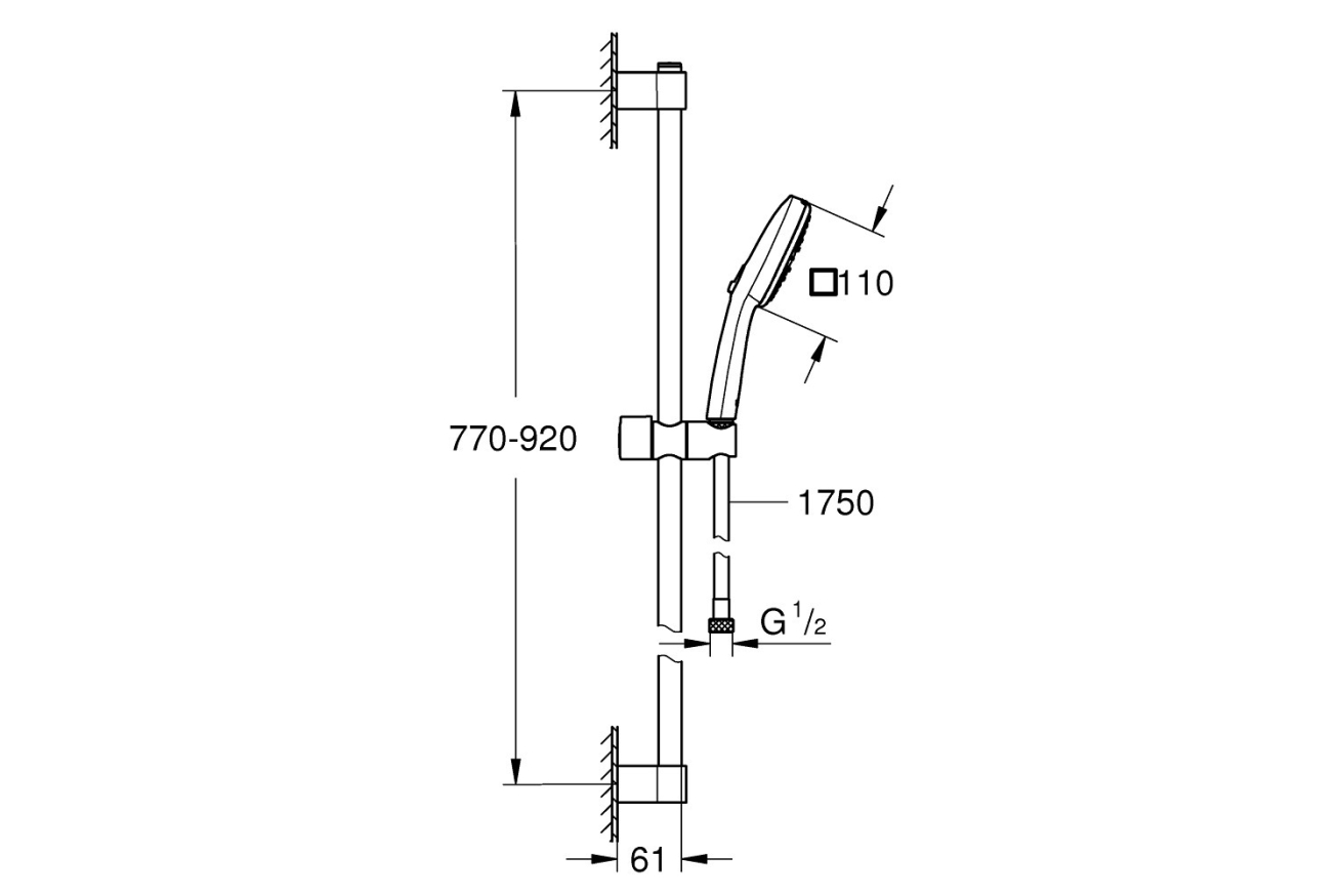 Душевой гарнитур GROHE Tempesta Cube 110, 3 режима струи, душевая штанга 900 мм, 7,4 л/мин, хром (26909003)