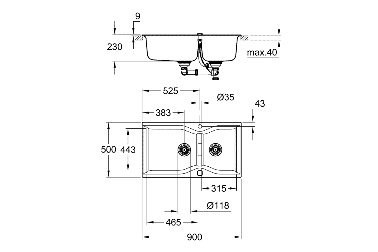 Мойка GROHE K700 с двумя чашами, 900 x 500 мм, черный гранит (31658AP0)