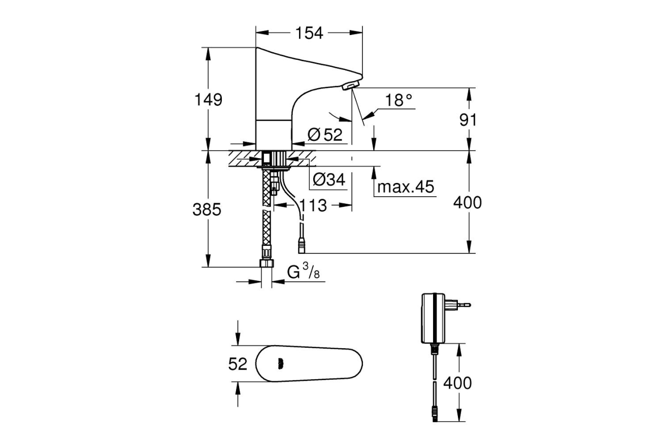 Кран для раковины GROHE Europlus E инфракрасный, без функции смешивания, хром (36016001)