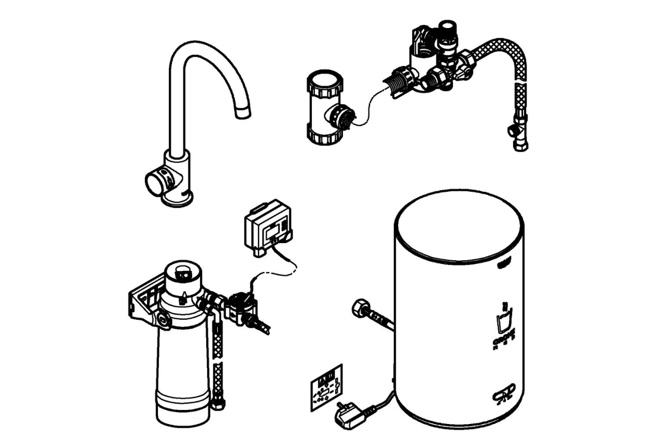 Комплект для кухни GROHE Red Mono с C-образным вентилем, бойлером M-Size и фильтром, хром (30085001)