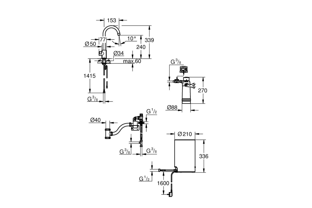 Комплект для кухни GROHE Red Mono с C-образным вентилем, бойлером M-Size и фильтром, хром (30085001)