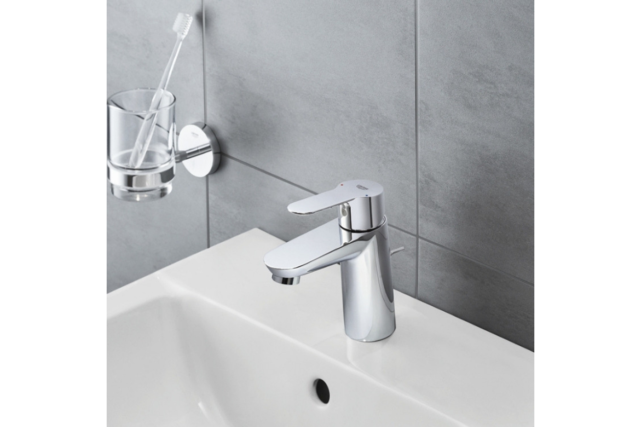Смеситель для раковины GROHE BauEdge с ограничителем температуры и рычажным донным клапаном, M-Size, хром (23758001)