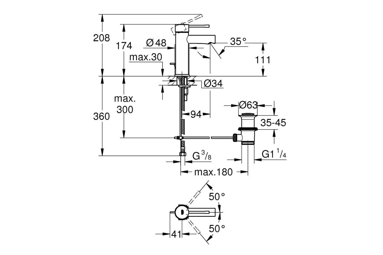 Смеситель для раковины GROHE Essence с донным клапаном, S-size, хром (24175001)