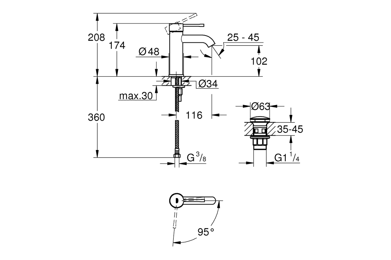 Смеситель для раковины GROHE Essence с донным клапаном, S-size, хром (24179001)