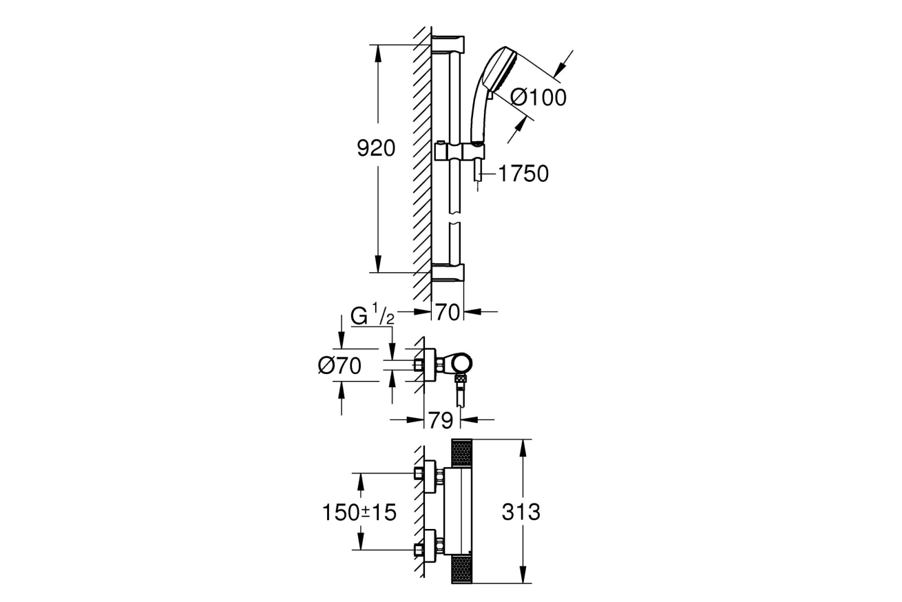 Термостат для душа GROHE Grohtherm 1000 Performance с душевым гарнитуром, хром (34784000)