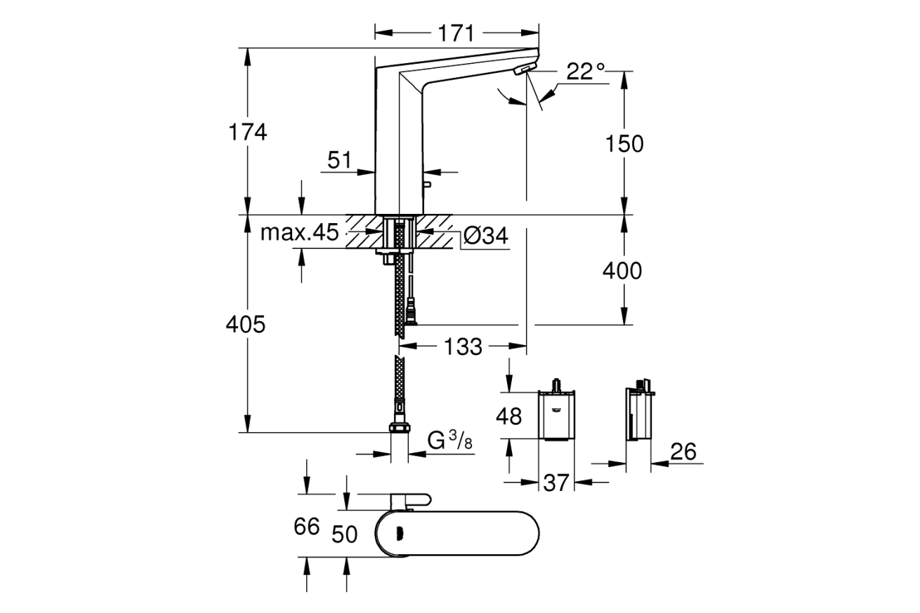 Смеситель для раковины GROHE Eurosmart Cosmopolitan E инфракрасный, L-size, хром (36422001)