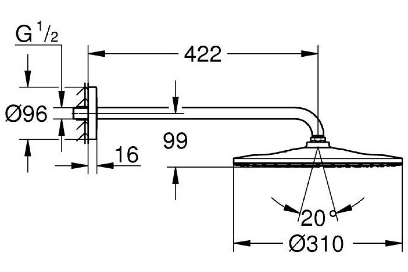 Верхний душ GROHE Rainshower Mono 310, 9,5 л/мин, 1 режим, 422 мм, фантомный черный (22121KF0)