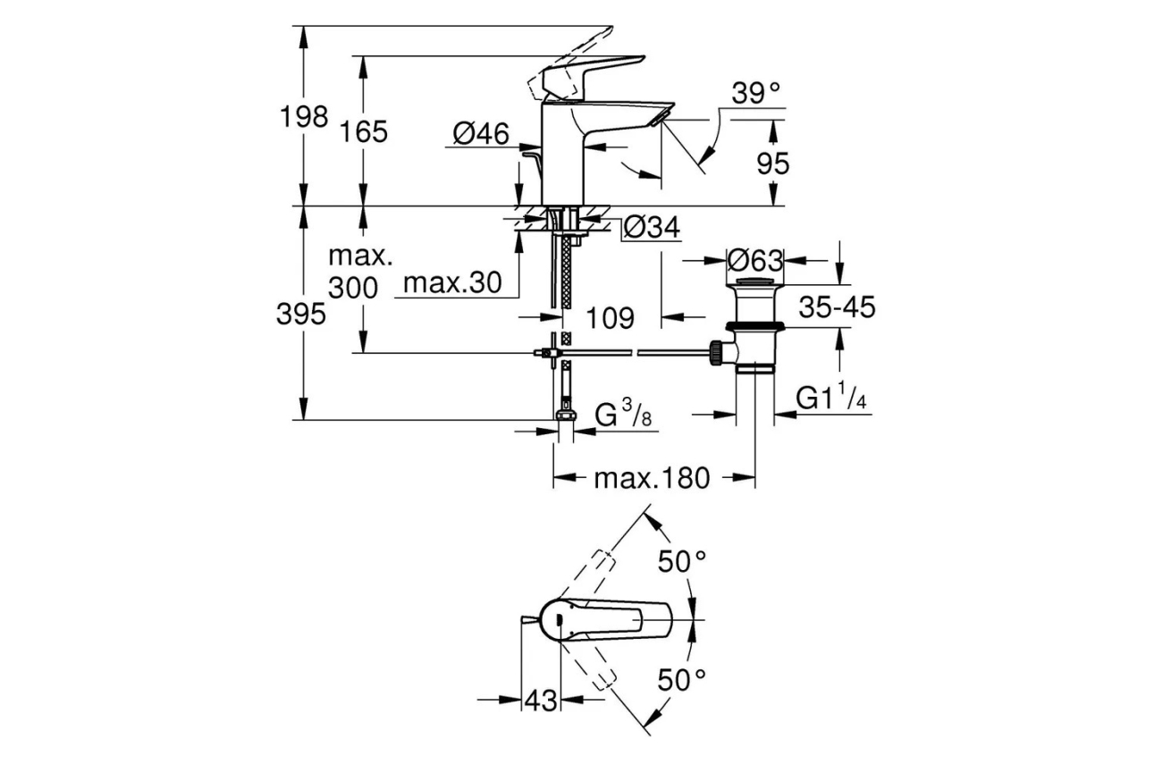 Смеситель для раковины GROHE Start с донным клапаном, S-Size, хром (32559002)
