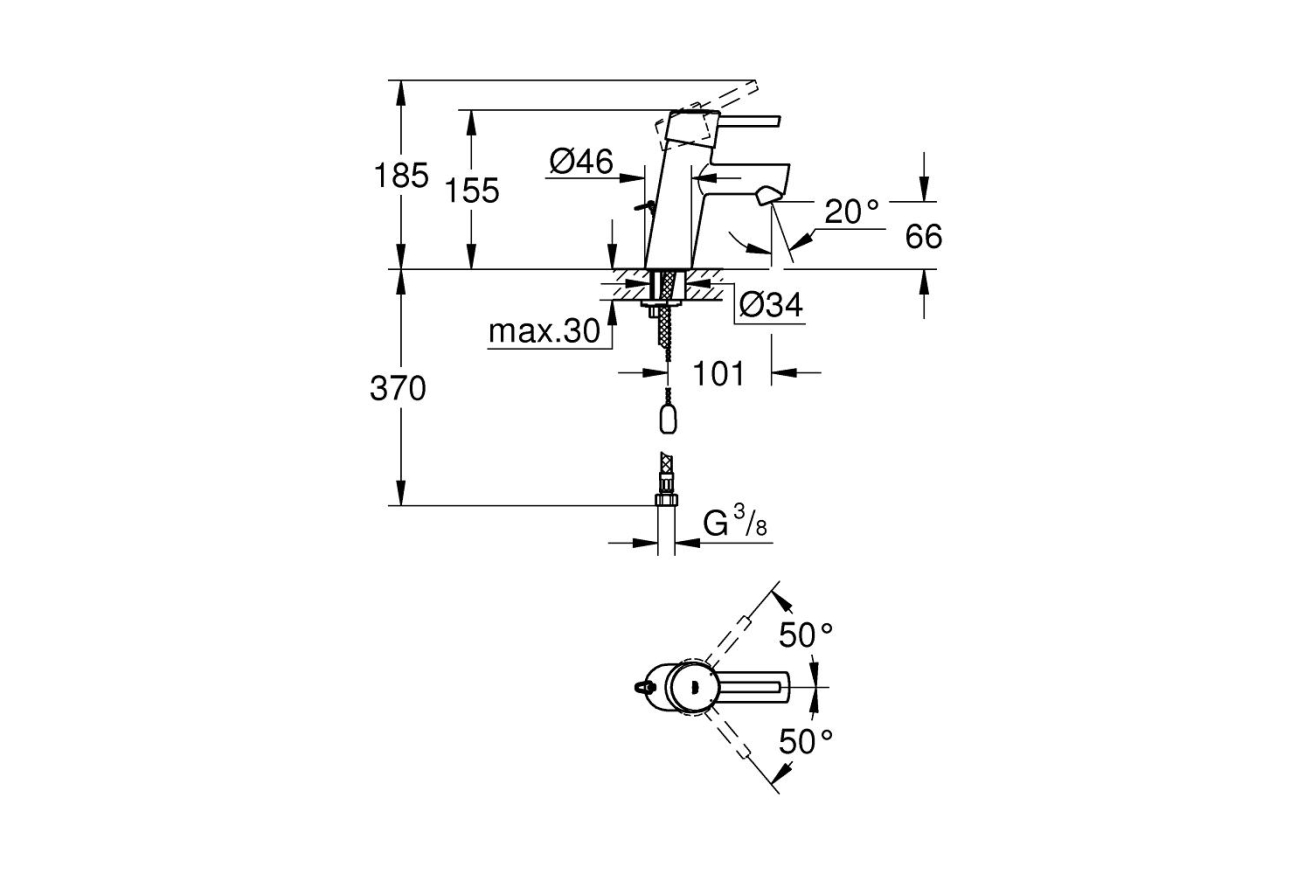 Смеситель для раковины GROHE Concetto с цепочкой, с ограничением расхода воды, хром (3220610E)