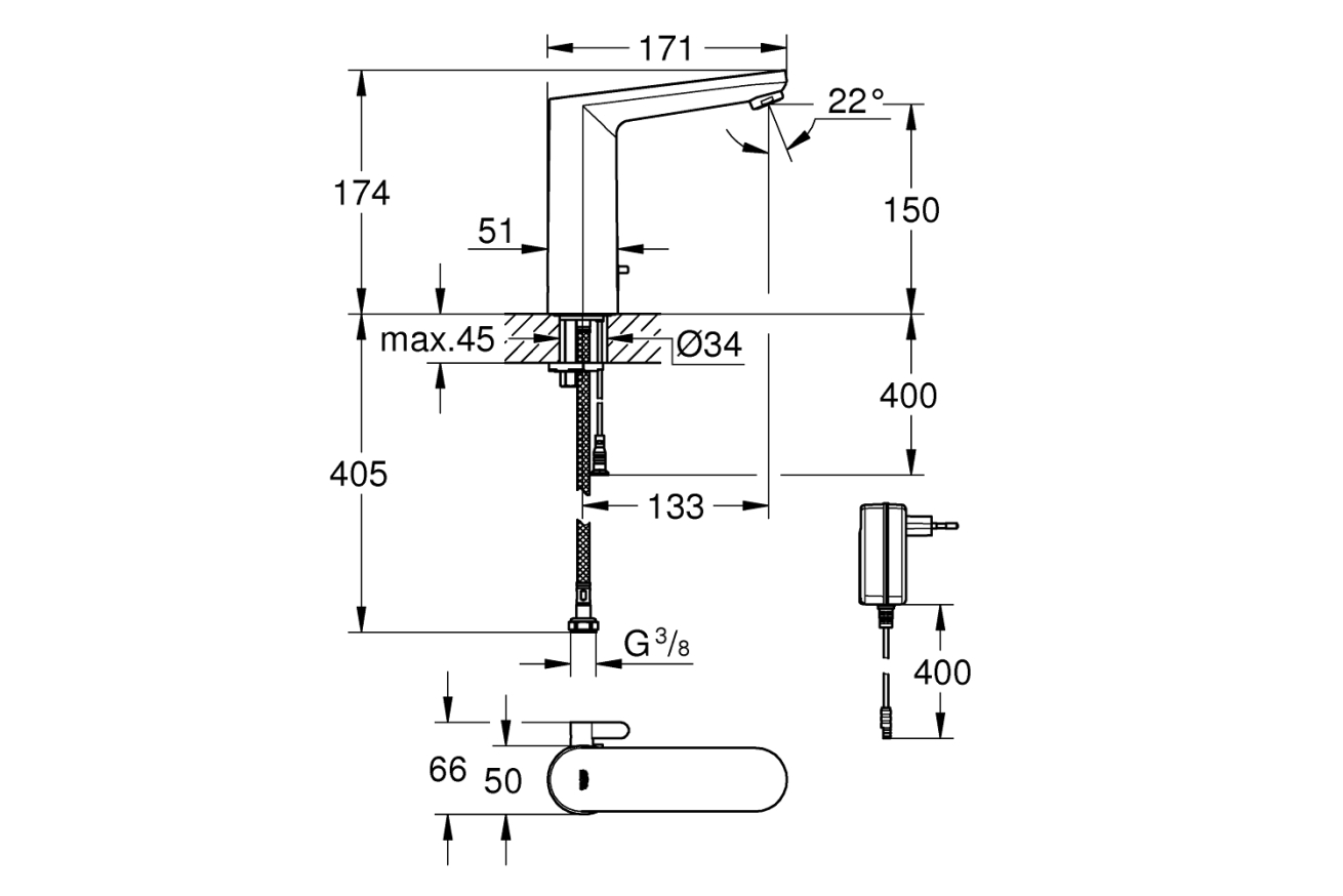 Смеситель для раковины GROHE Eurosmart Cosmopolitan E инфракрасный, L-size, хром (36421001)