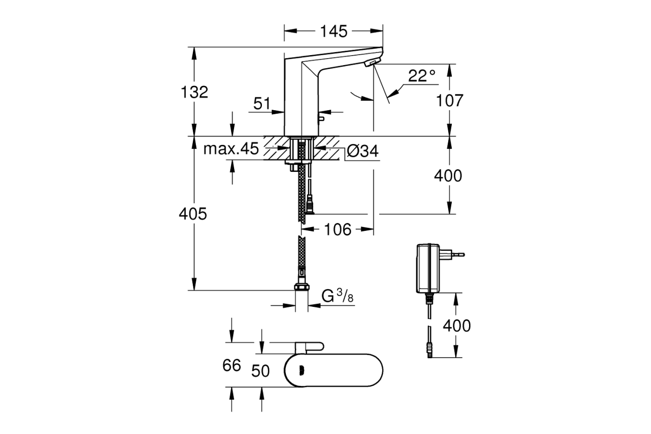 Смеситель для раковины GROHE Eurosmart Cosmopolitan E инфракрасный, M-size, хром (36325002)