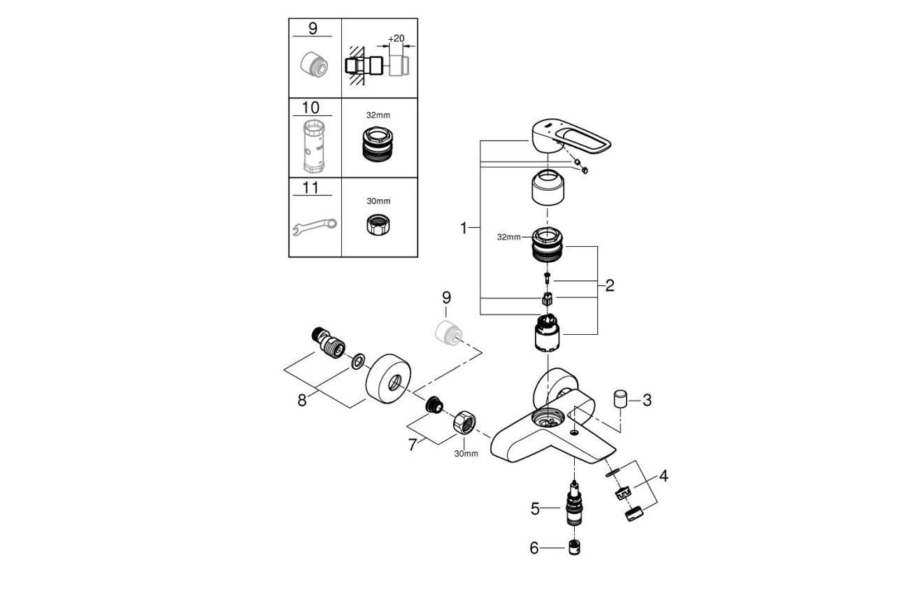 Смеситель для ванны GROHE GROHE Eurosmart, хром (25241003)