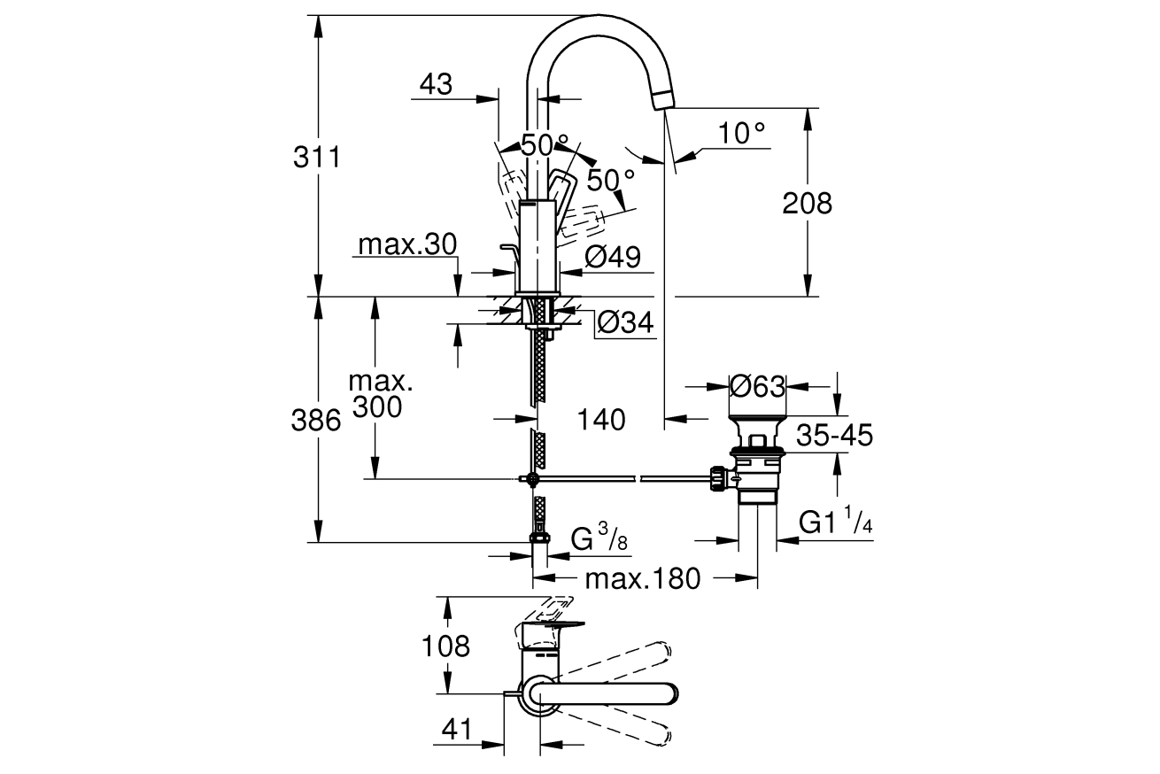 Смеситель для раковины GROHE Start Loop с донным клапаном, L-Size, хром (23780001)