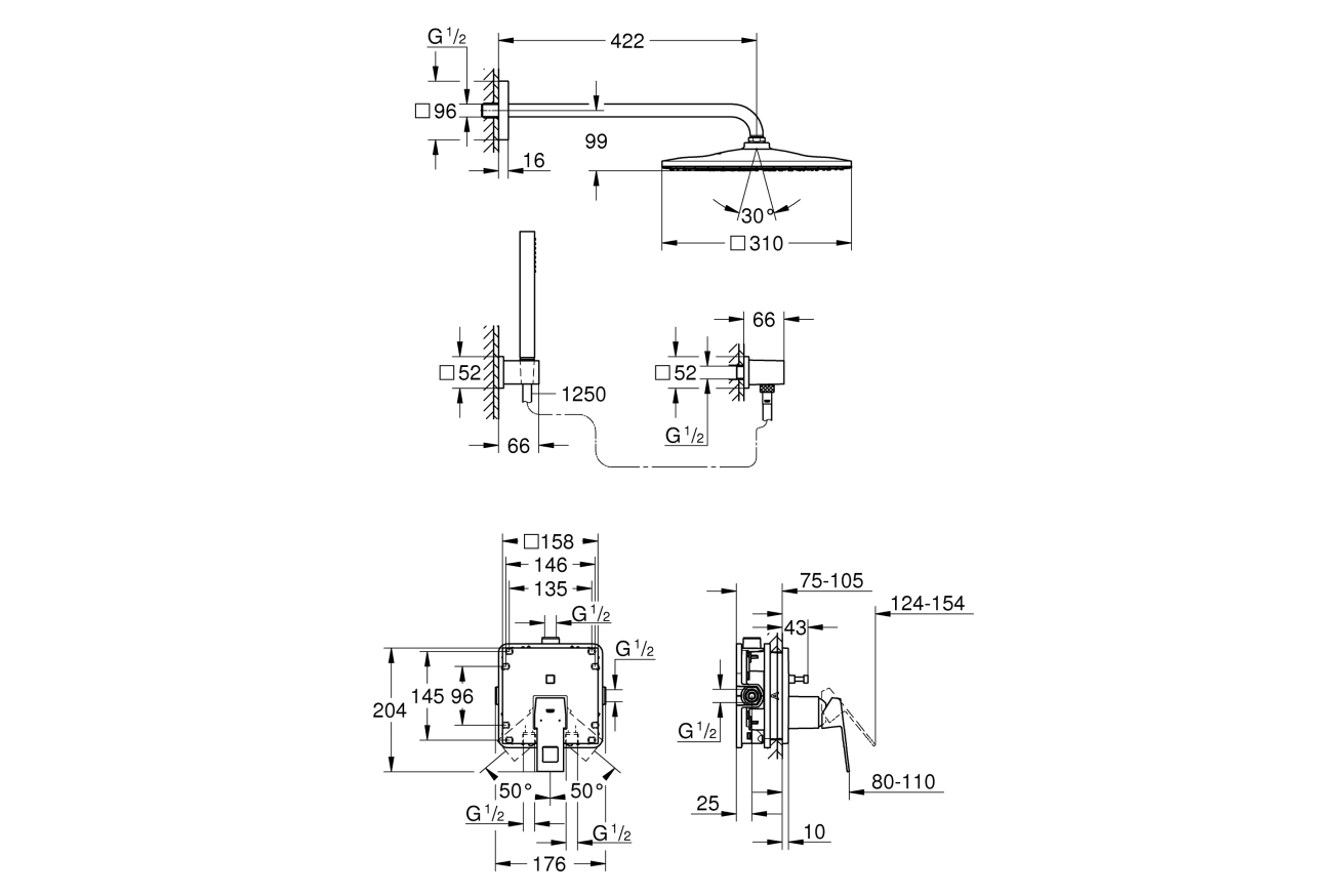 Душевая система GROHE Eurocube со смесителем для ванны, хром (25238000)