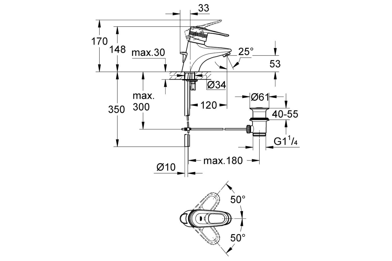 Смеситель для раковины GROHE Europlus с донным клапаном, хром (33153000)