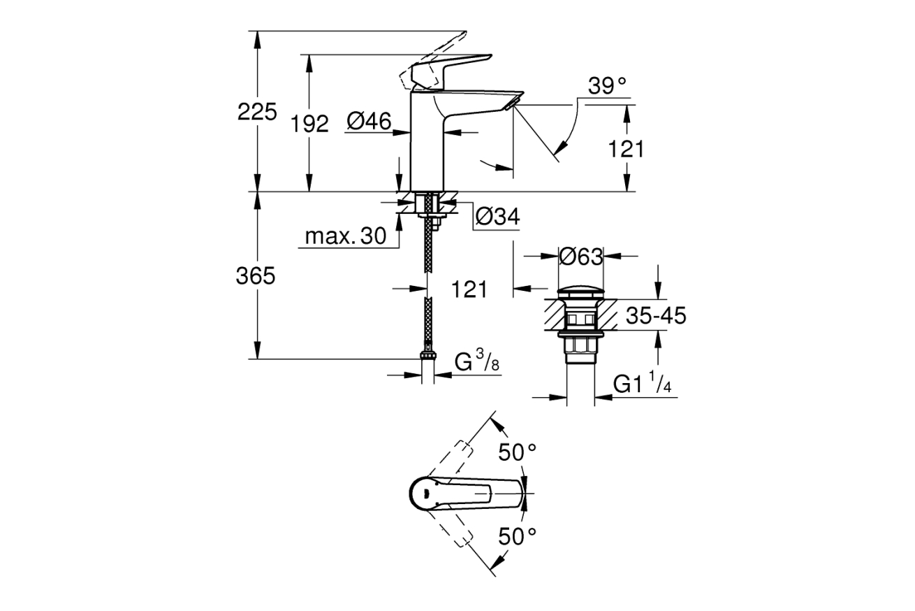 Смеситель для раковины GROHE Start с донным клапаном, M-Size, матовый черный (235752432)