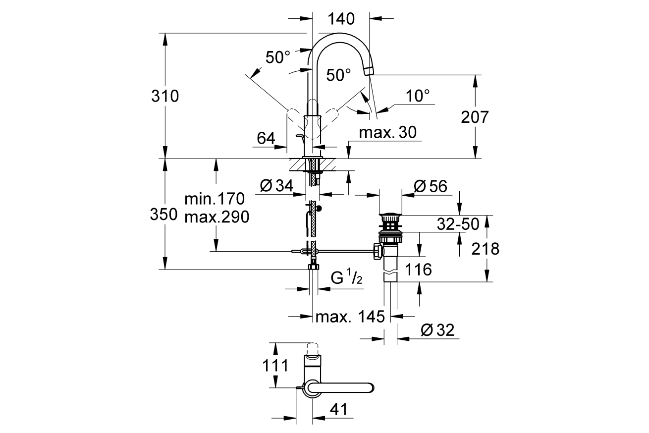 Смеситель для раковины GROHE BauEdge, L-size, хром (23093000)