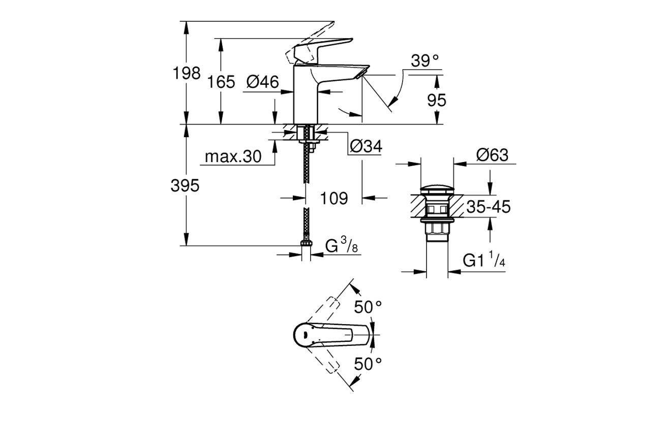 Смеситель для раковины GROHE Start с донным клапаном, S-Size, матовый черный (235502432)