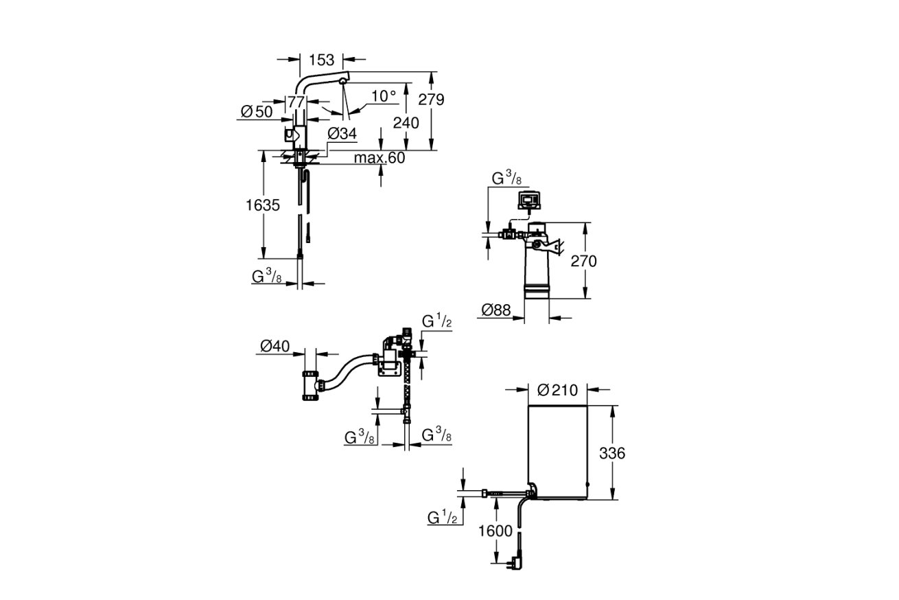 Комплект для кухни GROHE Red Mono с L-образным вентилем, бойлером M-Size и фильтром, суперсталь (30339DC1)