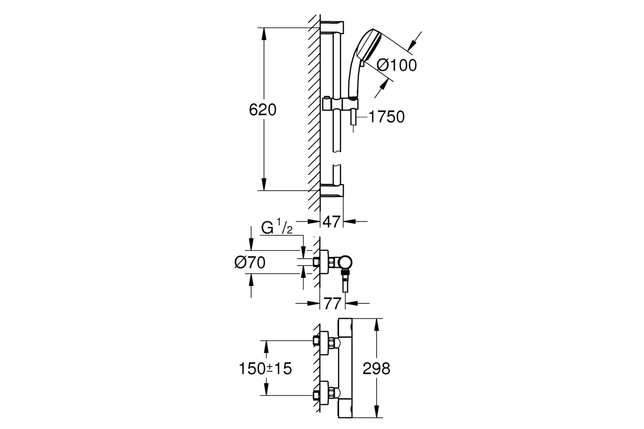 Термостат для душа GROHE Grohtherm 800 Cosmopolitan с душевым гарнитуром, хром (34768000)