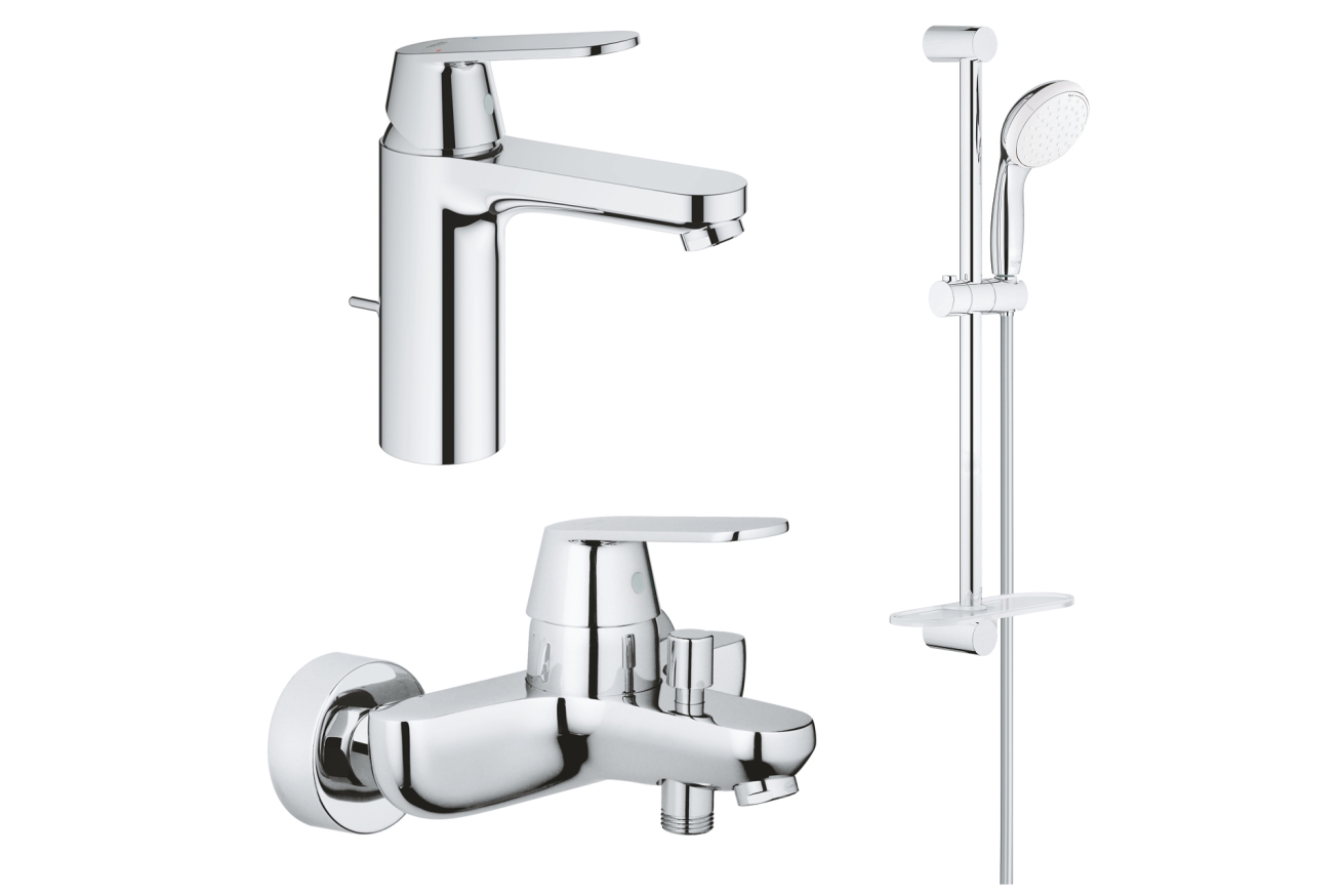 Комплект смесителей GROHE Eurosmart Cosmopolitan для раковины, ванны с душевым гарнитуром и полкой, хром (1000179)