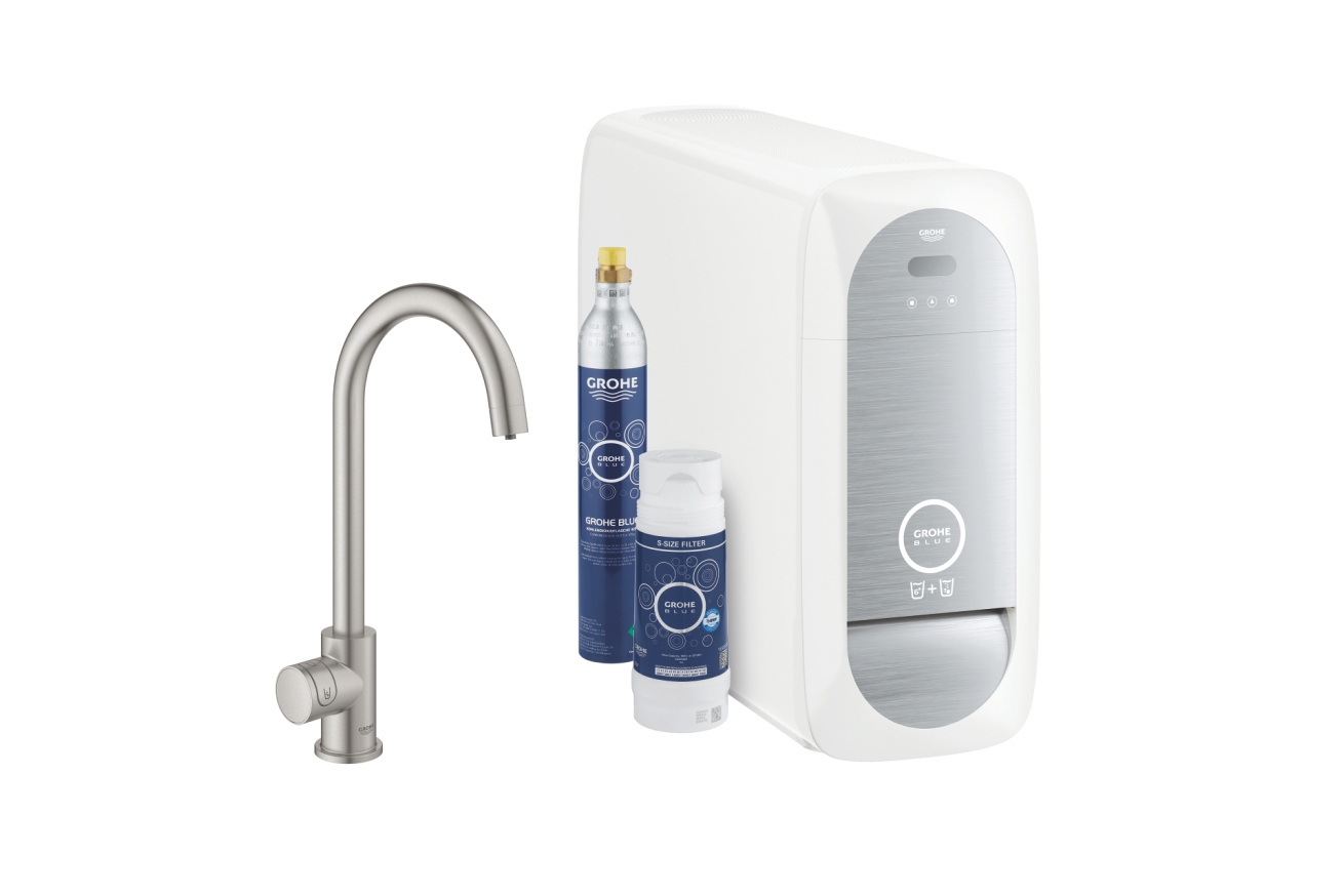 Кран для кухонной мойки GROHE Blue Home Mono с системой фильтрации, охлаждения и газирования воды, Wi-Fi, суперсталь (31498DC1)