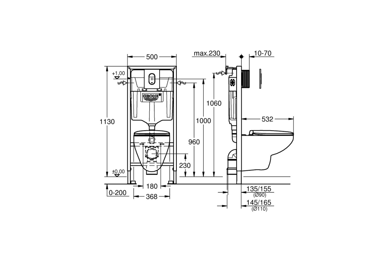 Система инсталляции GROHE Rapid SL с подвесным унитазом Bau Ceramic и сиденьем (36500000)