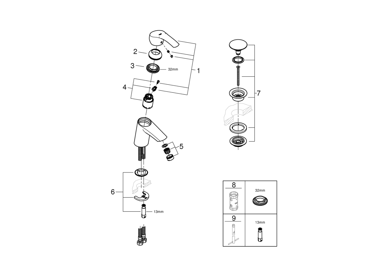Смеситель для раковины GROHE Eurosmart с нажимным донным клапаном S-Size, хром (23922002)
