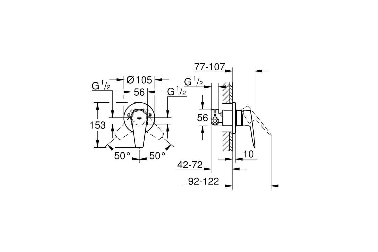 Смеситель для душа GROHE BauEdge в комплекте с монтажной частью, хром (29040001)