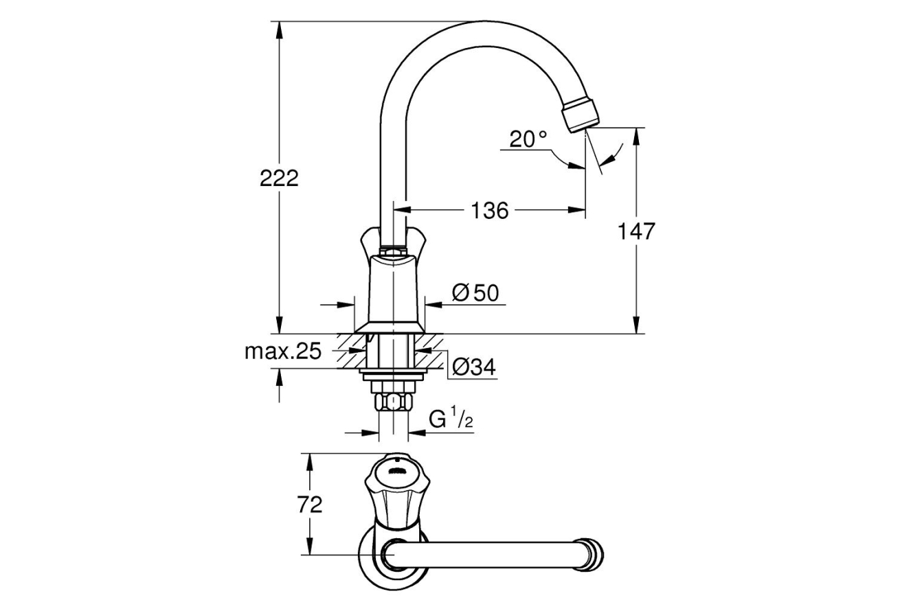 Кран для раковины GROHE Costa L, без функции смешивания, хром (20393001)
