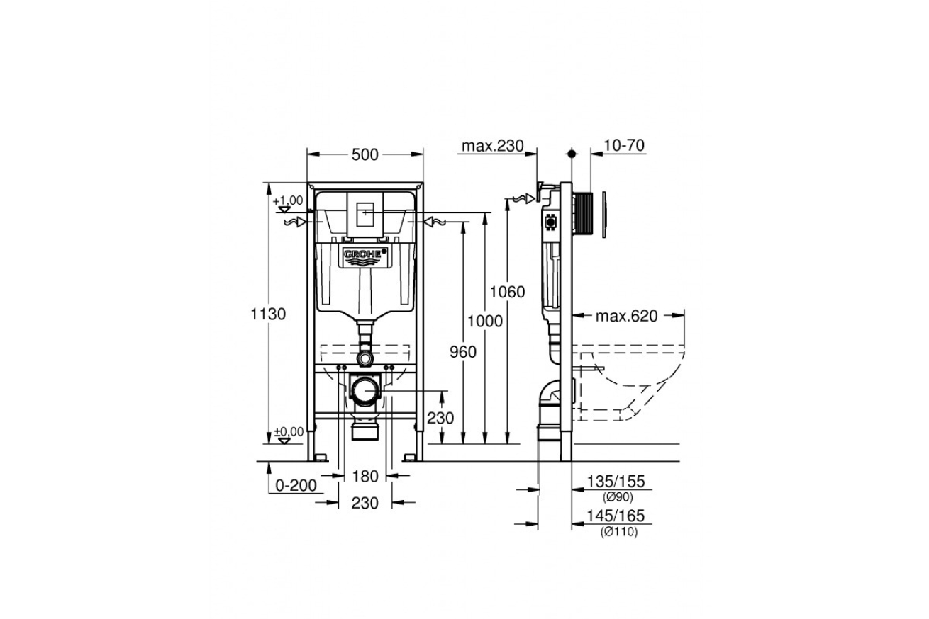 Комплект инсталляции для унитаза GROHE Rapid SL 4 в 1 с панелью смыва Skate Cosmopolitan, хром (38775001-B)