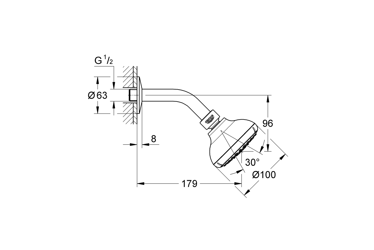 Комплект верхнего душа GROHE Tempesta New IV с кронштейном,  9,5 л/мин, хром (27870001)