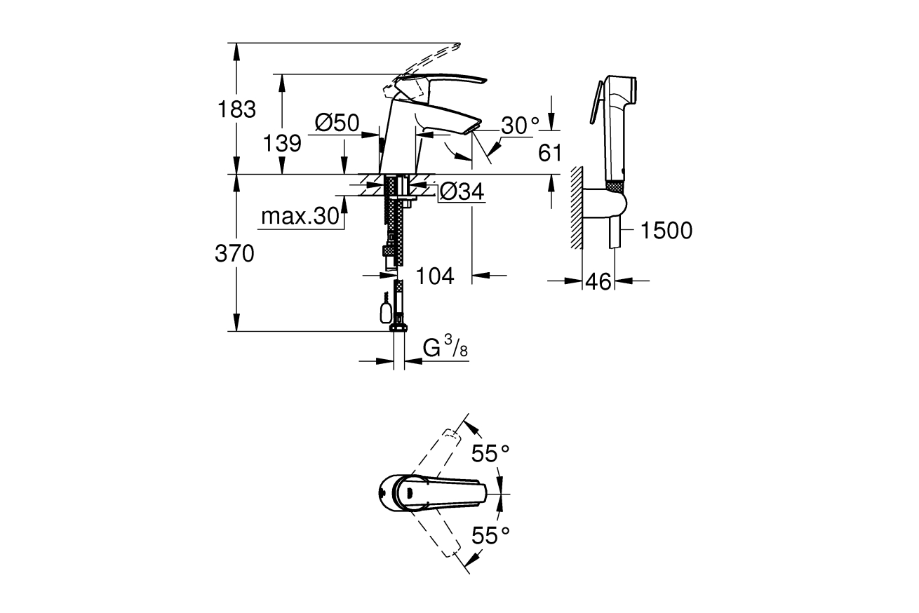 Смеситель для раковины GROHE Start с цепочкой и гигиеническим душем, хром (23123001)