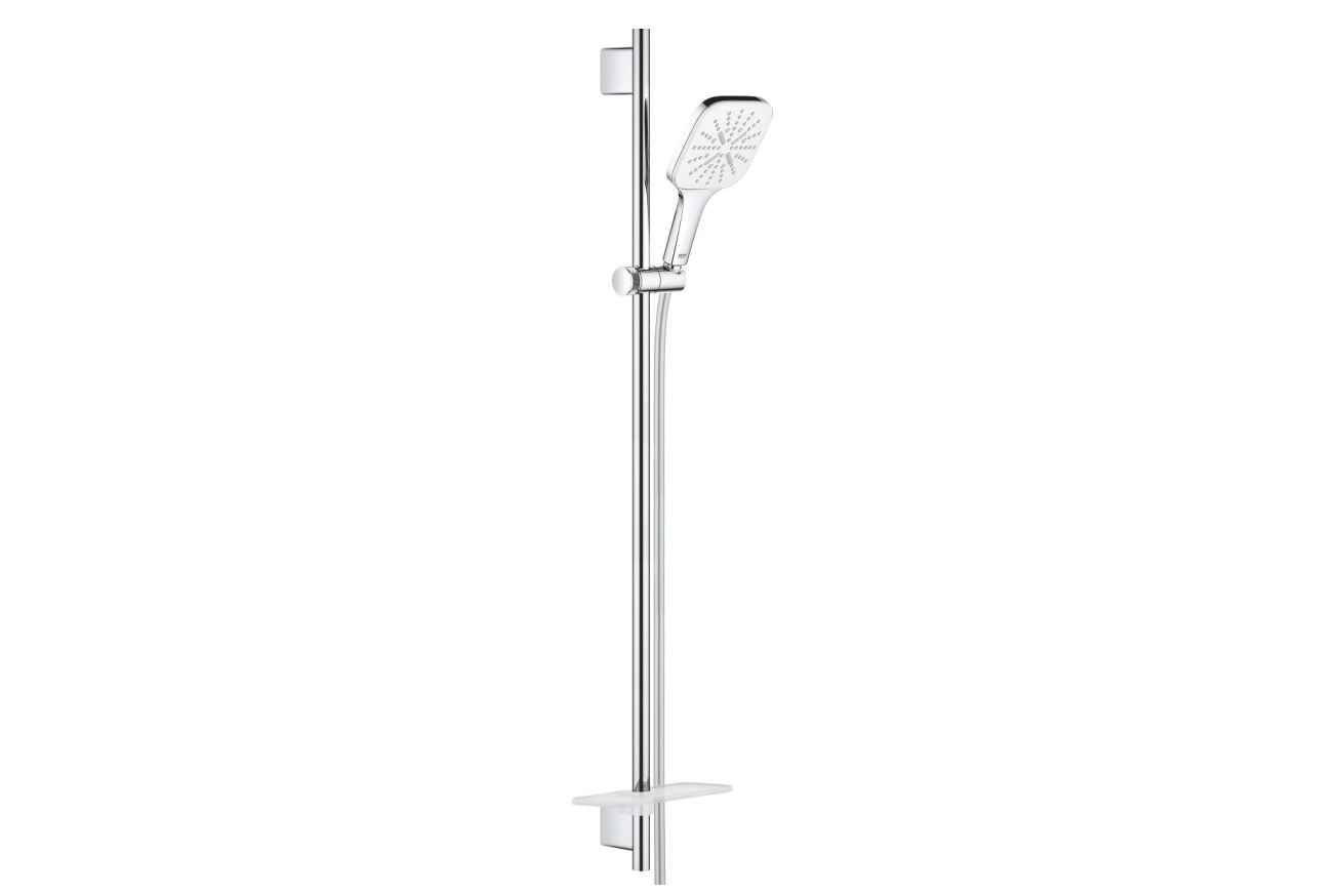 Душевой гарнитур GROHE Rainshower SmartActive 130 Cube с мыльницей, 3 режима струи, душевая штанга 900 мм, 9,5 л/мин, белая луна (26587LS0)