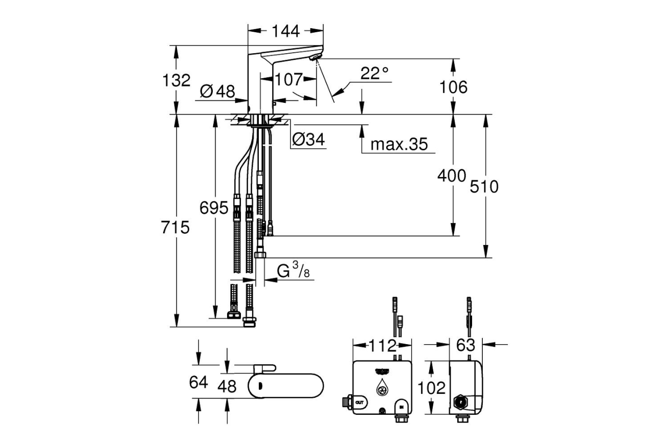 Смеситель для раковины GROHE Eurosmart Cosmopolitan E Powerbox инфракрасный, хром (36386001)