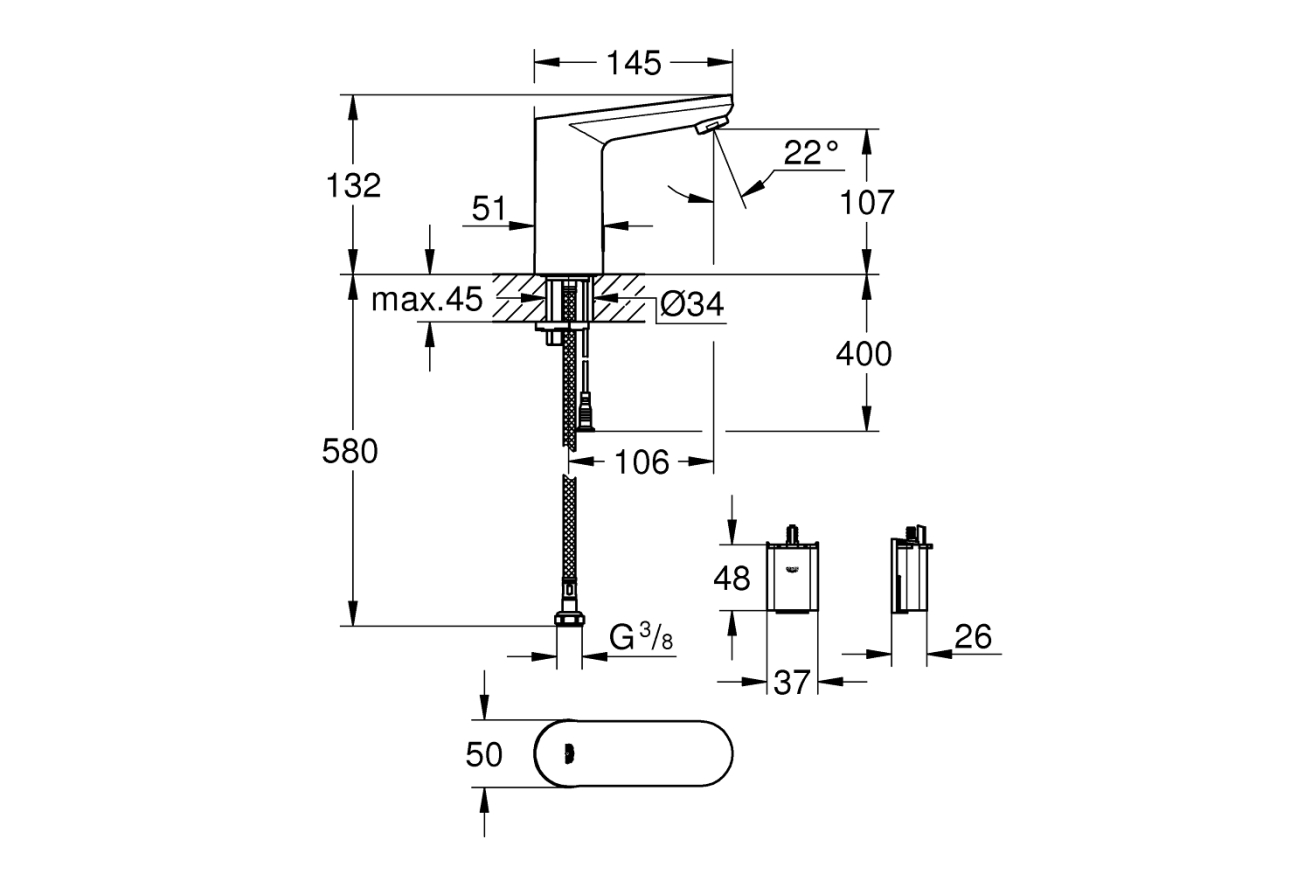 Кран для раковины GROHE Eurosmart Cosmopolitan E инфракрасный, без функции смешивания, хром (36439001)