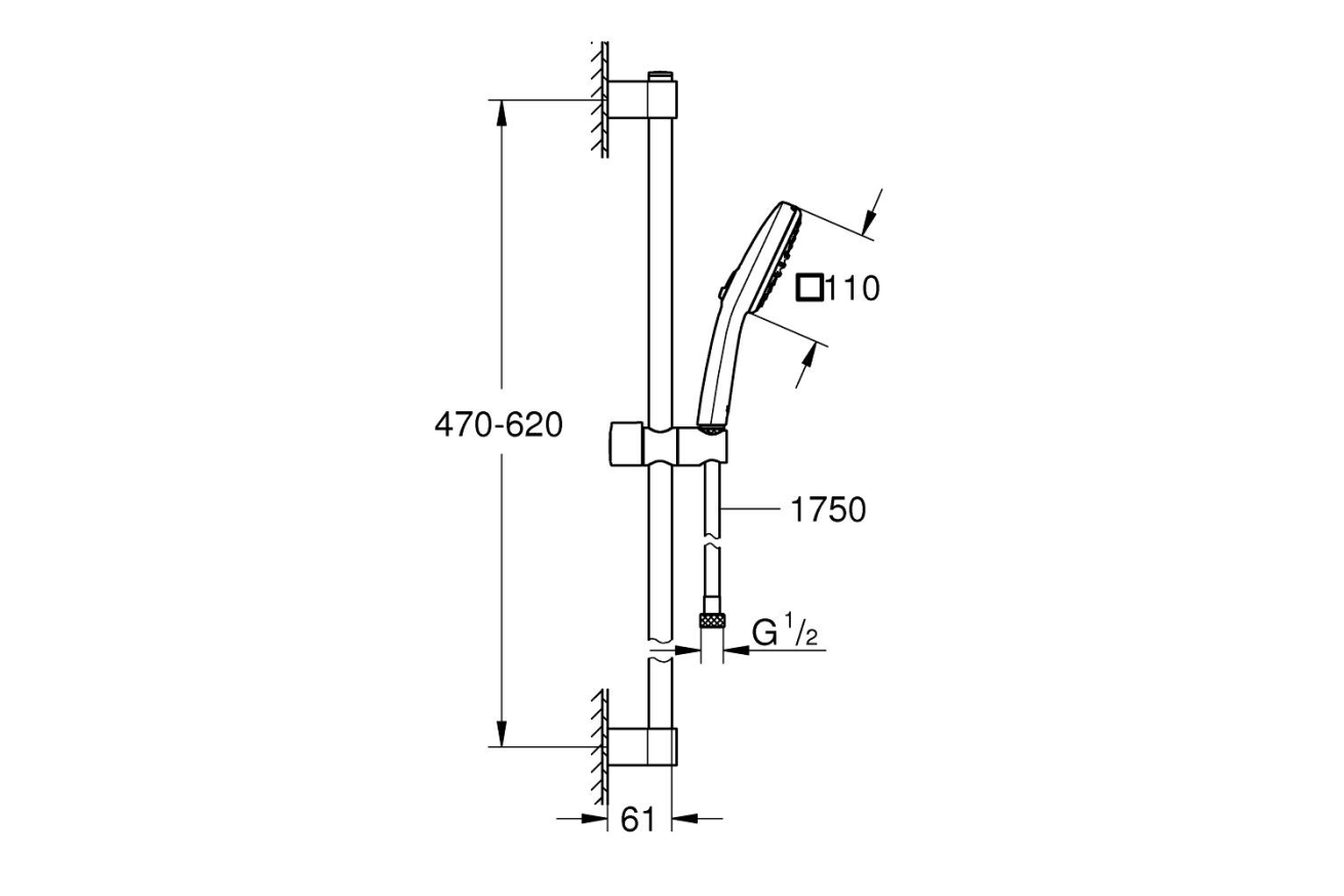 Душевой гарнитур GROHE Tempesta Cube 110, 2 режима струи, душевая штанга 600 мм, 13,5 л/мин, хром (27578003)