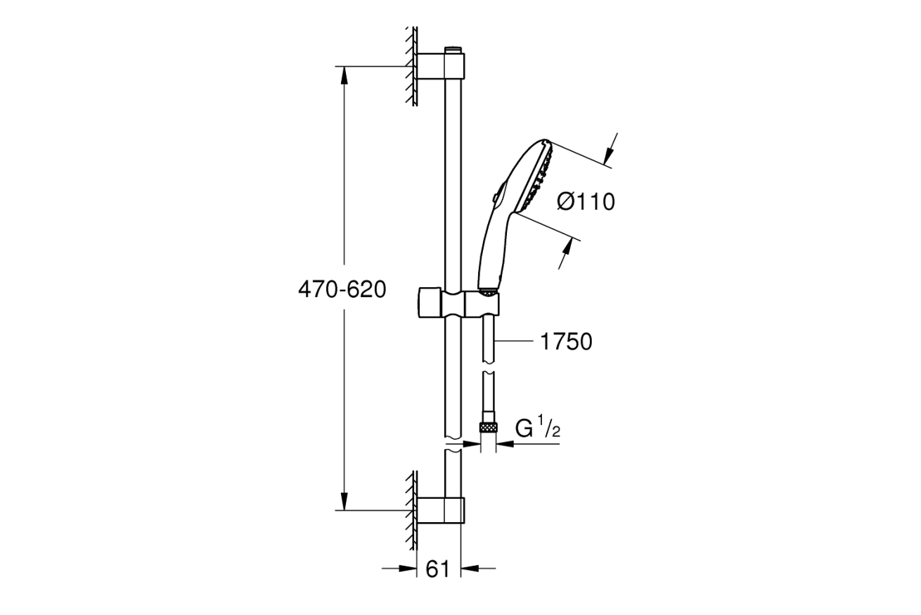 Душевой гарнитур GROHE Tempesta 110, 2 режима струи, душевая штанга 600 мм, 13,5 л/мин, хром (27598003)