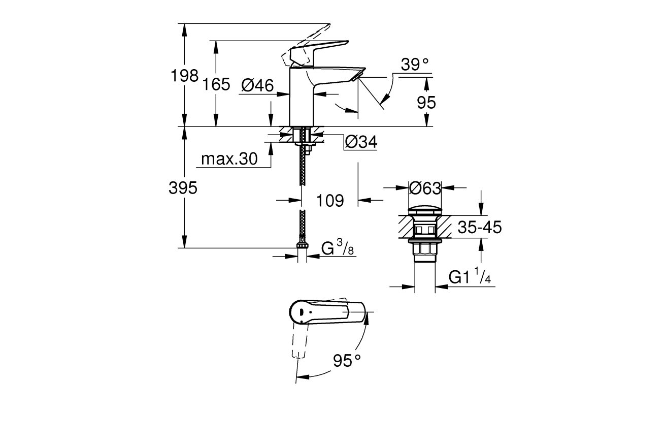 Смеситель для раковины GROHE Start QuickFix с нажимным донным клапаном, S-Size, хром (23551002)