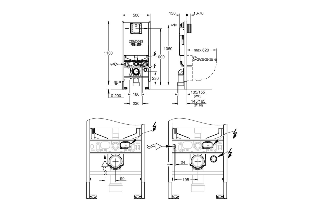 Инсталляция для подвесного унитаза, GROHE Rapid SLX, монтажная высота 1.13 м, со встроенной электрической розеткой и подводом воды для подключения унитазов-биде, (39596000)